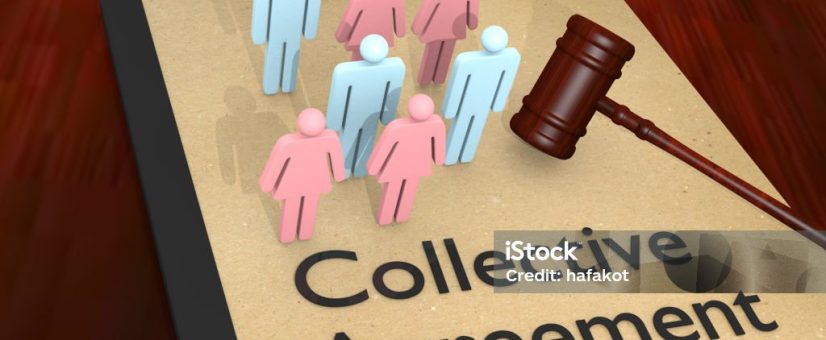 3D illustration of a judge gavel and Collective Agreement title on legal booklet, along with man and woman silhouettes.